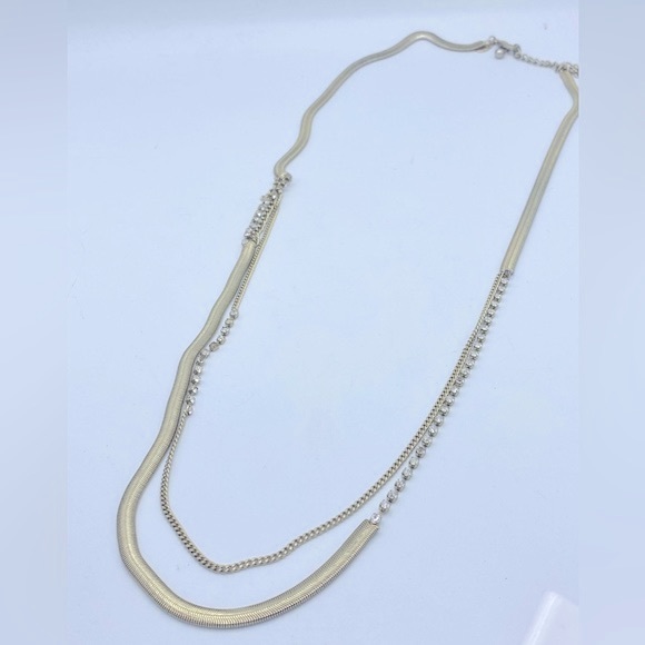 Chicos Muted Gold Tone Long Snake Chain Muti Textured With Rhinestones Necklace - Picture 8 of 8